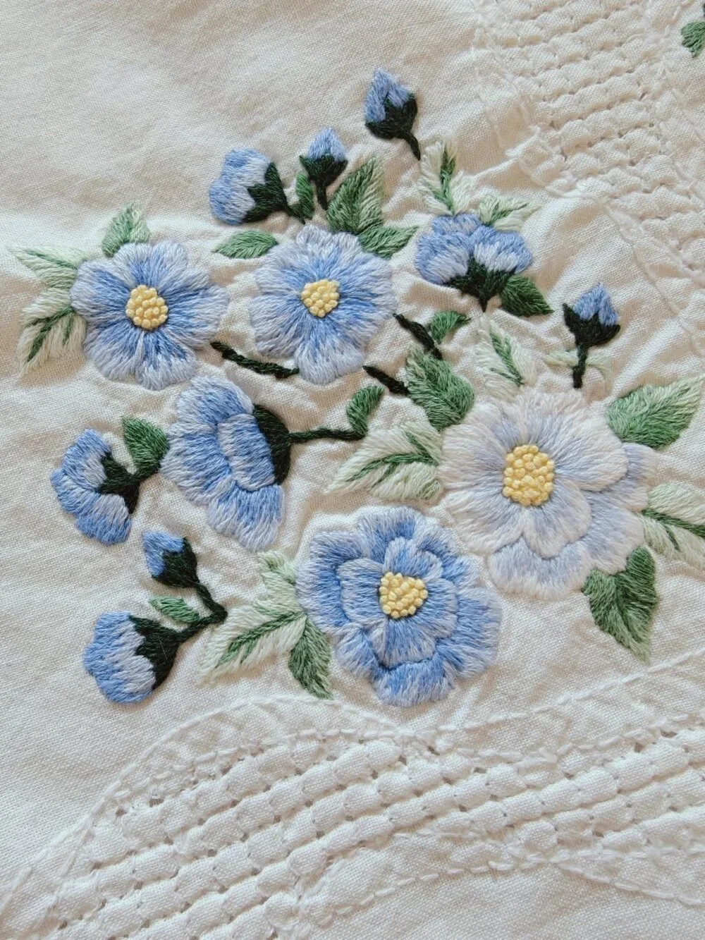 Hand Embroidered Cotton Pillow Sham Blue Floral Hemstitch 29x23.5
